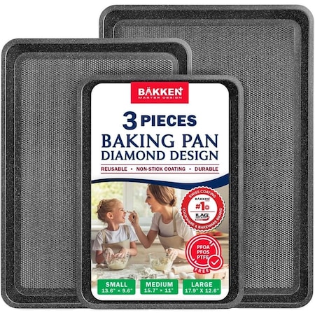 Bakken- Swiss BAKKEN Kitchen Nonstick Cookie Pans, Set of 3, S/M/L, PFOA-Free, Oven Safe, 450 DegF, Gray Marble BKDD3P44