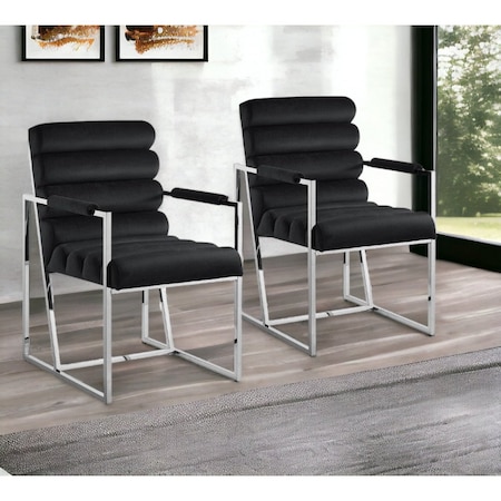 Homeroots Set of Two Tufted Black And Silver Metallic Upholstered Velvet Dining Arm Chairs 545054
