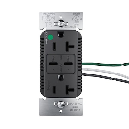 Legrand USB Receptacle, 20 A, Black, Nylon TR20HUSBPD65BK