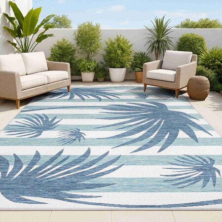 Jonathan Y Veronica Classic Beach Stripe and Palm Leaf Navy/Cream 5 ft. x 8 ft. Indoor/Outdoor Area Rug TSN402B-5