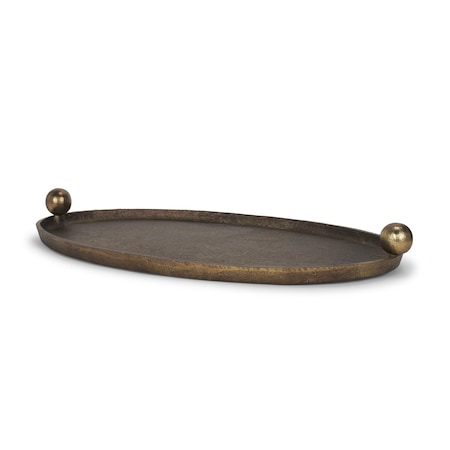 Homeroots 14in Antiqued Gold Metal Hand Finished Oval Vanity Tray With Handles 731278