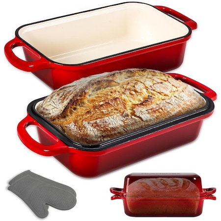 Nutrichef 9x5 in Enameled Cast Iron Loaf Pan with Lid, Enamel-Coated Baking Loaf Pan for Sourdough, Oven Safe NCCIELF2RD