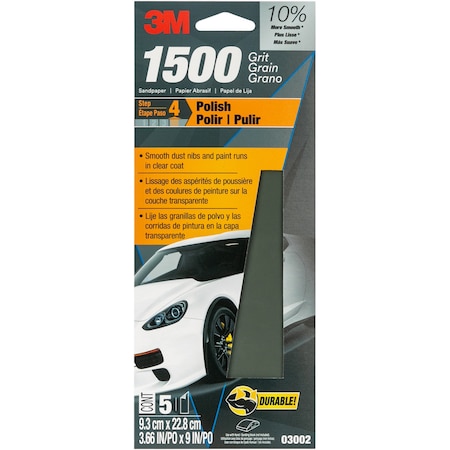 3M Wetordry Sandpaper 03002, 3-2/3 in x 9 in, 1500 Grit, 5/Pack, 20PK 3002