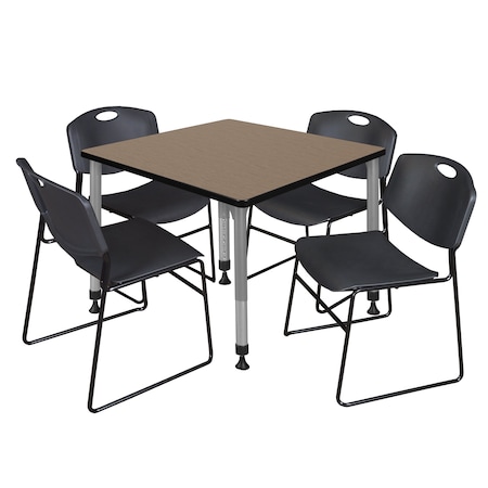 Regency Square Kee Adjustable Classroom Table W/ 4 Zeng Stack Chairs, 36 in W, 30 in L, Noble Oak TB3636NOAPGY44BK