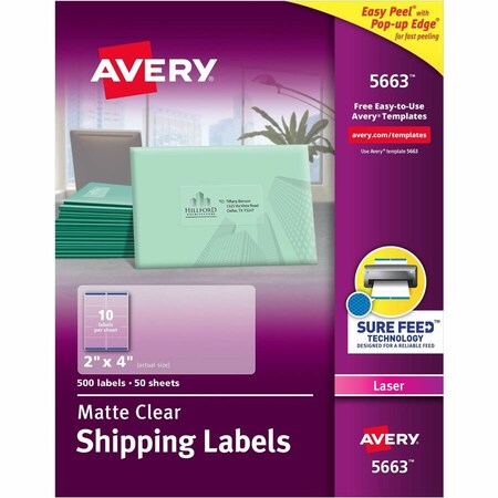 Avery Easy Peel Laser Mailing Labels, 2 x 4, Clear, 500/Box 5663