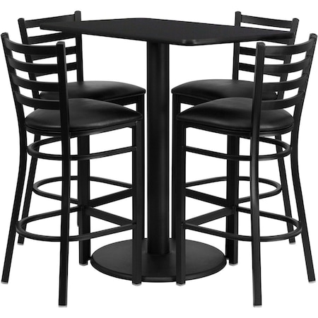 Flash Furniture Rectangle Blk Bar Table, Rctngl w/Rnd Base, Blk Seat, Laminate Top, Wood Grain RSRB1017-GG