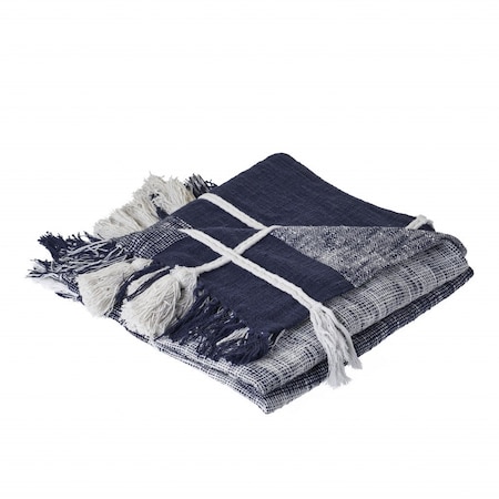 Homeroots 50" X 60" Blue and White Woven Cotton Checkered Throw Blanket with Tassels 516619