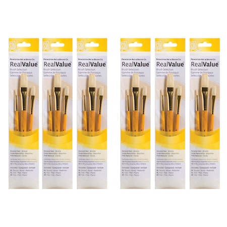 Princeton RealValue Brush Set, Natural Bristles, Short Handle Mixed Media Paintbrush, Yellow, 3-Piece Set, 6PK PR9103