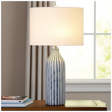 Homeroots 30" Gray And Aqua Glass Table Lamp With White Drum Shade 524735