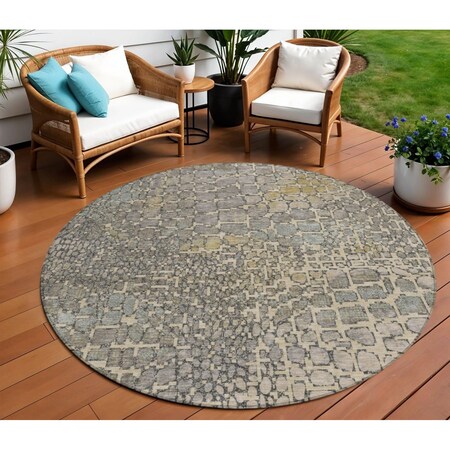 Homeroots 8' Ivory Gray And Black Round Abstract Washable Indoor Outdoor Area Rug 596820