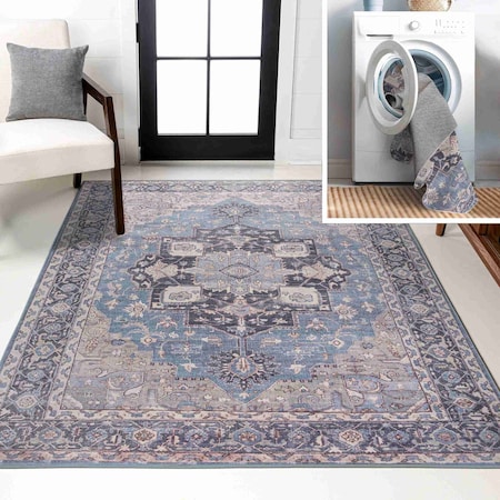 Jonathan Y Maris Ornate Medallion Non-Slip Machine-Washable Blue/Cream 5 ft. x 8 ft. Area Rug WSH109C-5