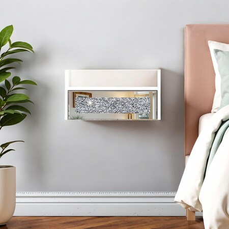 Homeroots 14" White Wood Faux Crystal Bling And Mirrored Glass One Drawer Floating Nightstand 569255