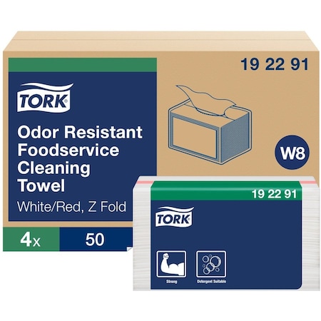 Tork Small Pack Foodservice Cloth, 1-Ply, 11.75 x 14.75, Unscented, White with Red Stripe, 50 Cloths, 4PK 192291