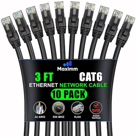 Maximm Cat6 Ethernet Cable 3ft 10Gbps 550MHz UTP, 10PK, Black, 10PK CAT6CCA-3BK-10PK