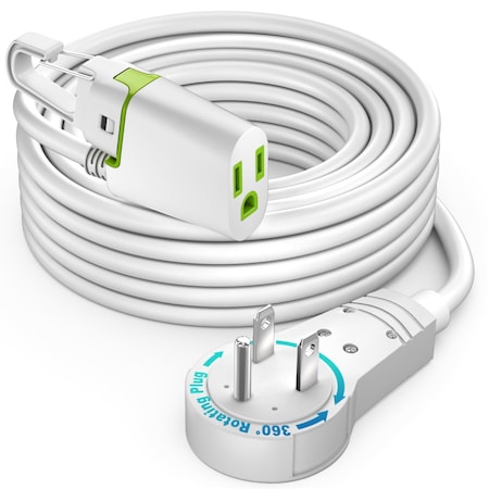 Maximm 25ft 16AWG 360 degrees Flat Plug Extension Cord w/ Hook, Indoor UL, White ADW-360-31H25-WH