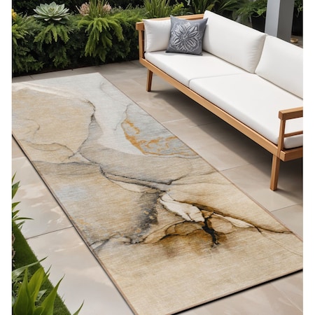 Homeroots 8' Runner Beige Abstract Washable Non Skid Indoor Outdoor Runner Rug 559668