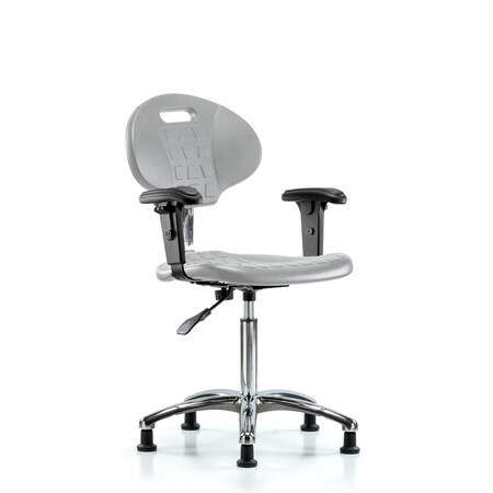 Blue Ridge Ergonomics CL10CleanRoom Chair - Medium Bench Height with Adjustable Arms & Stationary Glides in Gray Poly CLR-TPMBCH-CR-A1-NF-RG-GRY