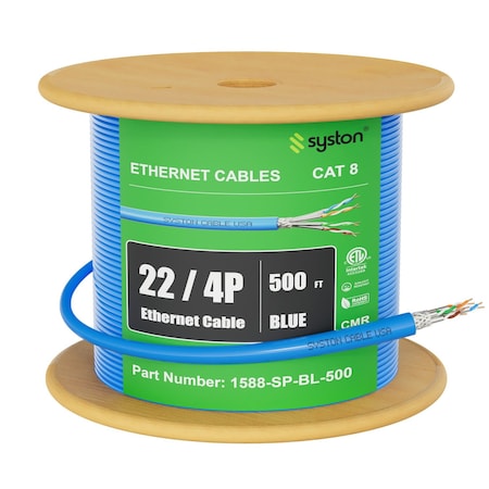 Syston Cable Technology Cat 8 Ethernet Cable S/FTP Bulk, 500ft, Blue, 2000 MHz 22 AWG Solid Copper, CL2R CMR Riser-Rated BULK1588-500BL