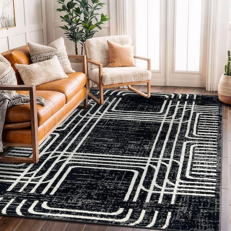 World Rug Gallery Bohemian Lines Area Rug 5 ft x 7 ft Black WR104BLACK5X7