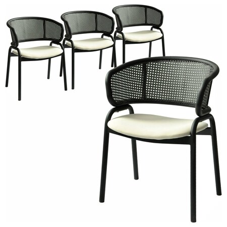 Leisuremod Ervilla Dining Chair in Black Steel Frame with Black Wicker Back and Beige Seat, 4PK ECBL-20BL-BG4