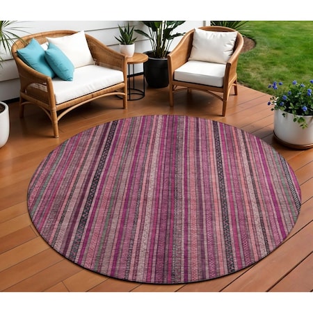 Homeroots 8' Pink Mauve And Blush Round Striped Washable Indoor Outdoor Area Rug 616378