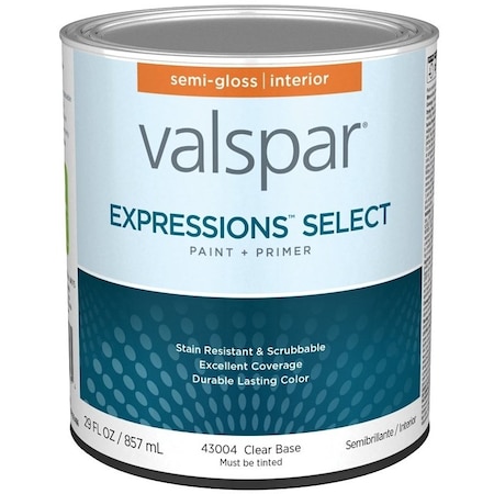 Valspar Expressions Select 4300 Latex Paint, Acrylic Base, Semi-Gloss Sheen, Clear Base, 1 qt 028.0043004.005