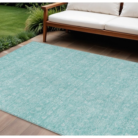 Homeroots 10' X 14' Aqua And Ivory Floral Washable Indoor Outdoor Area Rug 582325