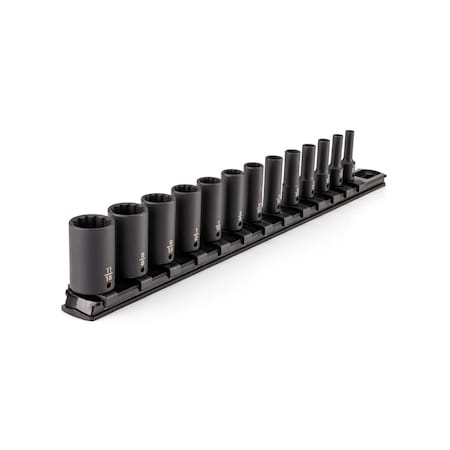 Tekton 1/4 Inch Drive Semi-Deep 12-Point Impact Socket Set with Rail, 13-Piece (5/32 - 11/16 in.) SID90111
