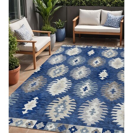 Homeroots 5' X 8' Navy Blue Ivory And Gray Southwestern Washable Indoor Outdoor Area Rug 615159