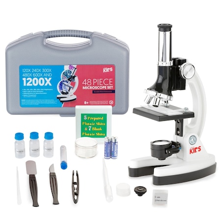 Amscope IQCrew By M30 KIDS Compound Microscope 120X-1200X 48pc Metal Arm Educational Starter Biological Mic M30-ABS-KT1-W