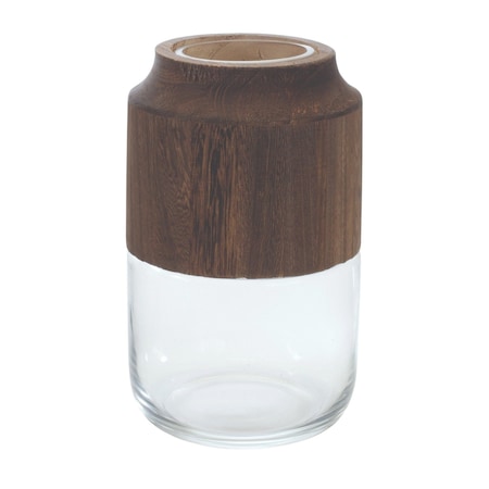 Homeroots 9" Brown And Clear Glass Round Table Vase With Wood 632609