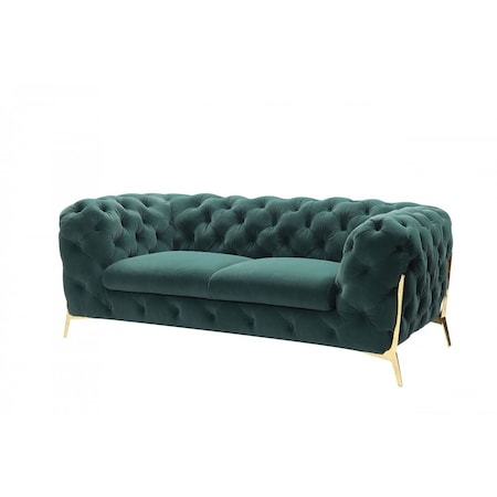 Homeroots 74in Dark Green Tufted Velvet And Gold Chesterfield Love Seat 489283