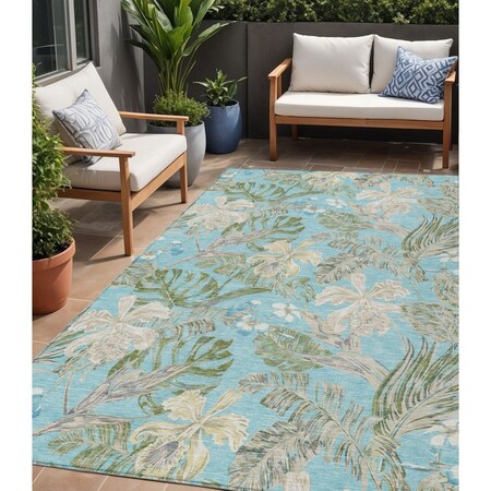 5' X 8' Teal Blue Olive Green And Beige Botanical Leaves Washable Indoor Outdoor Area Rug
