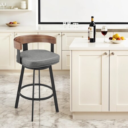 Homeroots 30" Gray Brown and Black Faux Leather and Iron Low Back Bar Height Swivel Bar Chair 569163