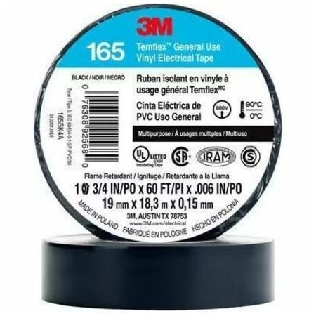 3M Vinyl Electrical Tape, 165 Temflex, 3/4 in W x 60 ft L, 6 mil Thick, Black 165BK4A