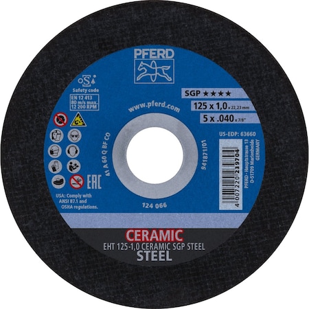 Pferd Cut-Off Wheel, Type 1, 5 in Dia, 0.040 in Thick, 7/8 in Arbor Hole Size, Ceramic Oxide 63660