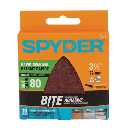 Spyder 3-1/8-Inch 80-Grit Aluminum Oxide Triangular Detail Sanding Sheets, 10PK 70028
