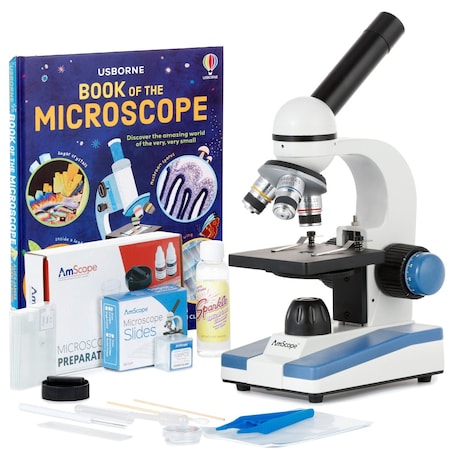 Amscope M150 Portable Monocular Student Compound Microscope 40X-1000X w/LED + Slide Preparation Kit + Micro M150C-SP14-CLS-50P100S-WM