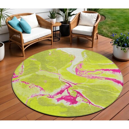 Homeroots 8' Lime Green Neon Pink And Ivory Round Abstract Washable Indoor Outdoor Area Rug 597784