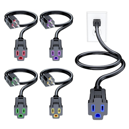 Maximm 0.5ft 16AWG Indoor Extension Cord w/ Multi-Color Indicators, 5PK, Black, 5PK IMC-LA004K-LA005H-5pk-0.5
