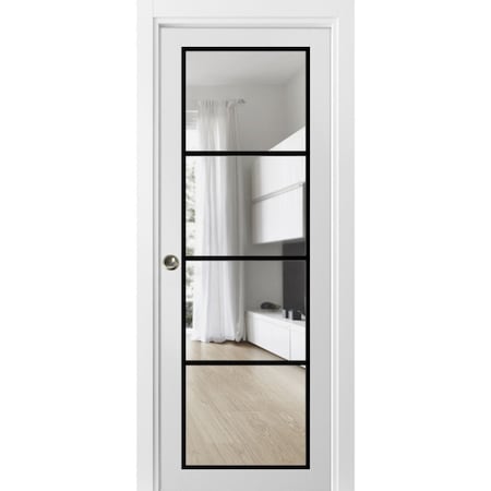Sartodoors Sliding French Pocket Door Clear Glass, Lucia 2466 White Silk and Aluminum Strips, Kit Trims Rail LUCIA2466PD-WS-36 x 84