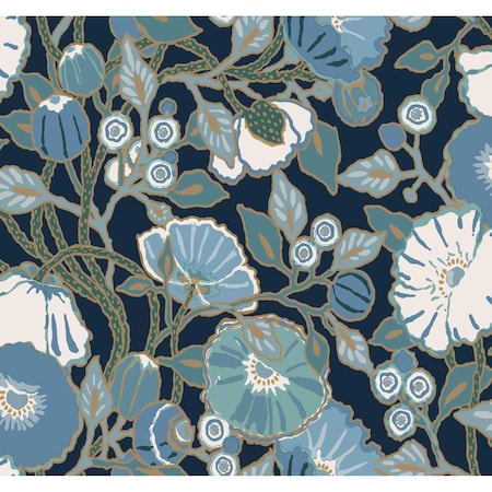 York Wallcoverings Poppies Black and Blue Metallic Wallpaper Sample GO8312SAM