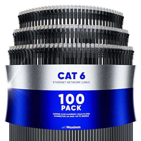 Maximm Cat6 Ethernet Cable 0.6ft 10Gbps 550MHz UTP, 100PK, Black, 100PK BK100PK01