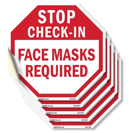 Signmission Stop Check-in Face Masks Required, 6 inch X 6 inch, Vinyl Decal, 5PK OC-D-5PACK-6-54