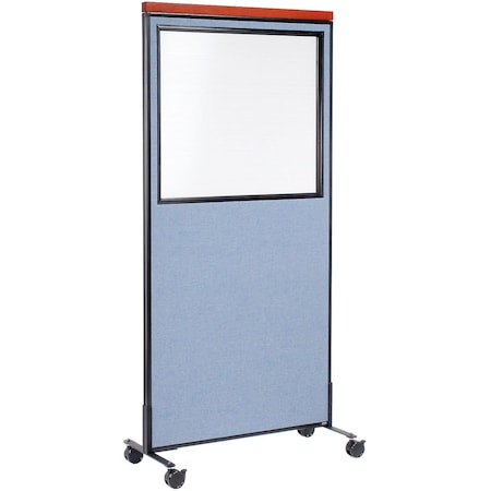 Global Industrial Interion Mobile Deluxe Office Partition Panel with Partial Window, 36-1/4"W x 76-1/2"H, Blue 694993MBL