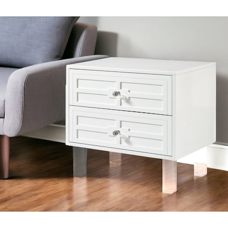 Homeroots 24" White And Clear Wood And Acrylic End Table With Two Drawers 544109