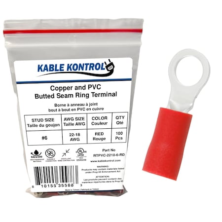 Kable Kontrol Copper and PVC Butted Seam Ring Terminal, 22-18 AWG, Stud Size # 6, Red, 100 Pcs, 100PK RTPVC-2218-6-RD