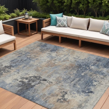 Homeroots 8' X 10' Denim Blue Beige And Charcoal Abstract Washable Indoor Outdoor Area Rug 630876