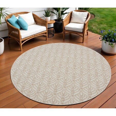 Homeroots 8' Gray and Ivory Round Floral Indoor Outdoor Area Rug 527646