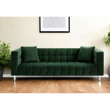 Homeroots 88" Hunter Green Velvet Sofa And Toss Pillows With Clear Legs 543978